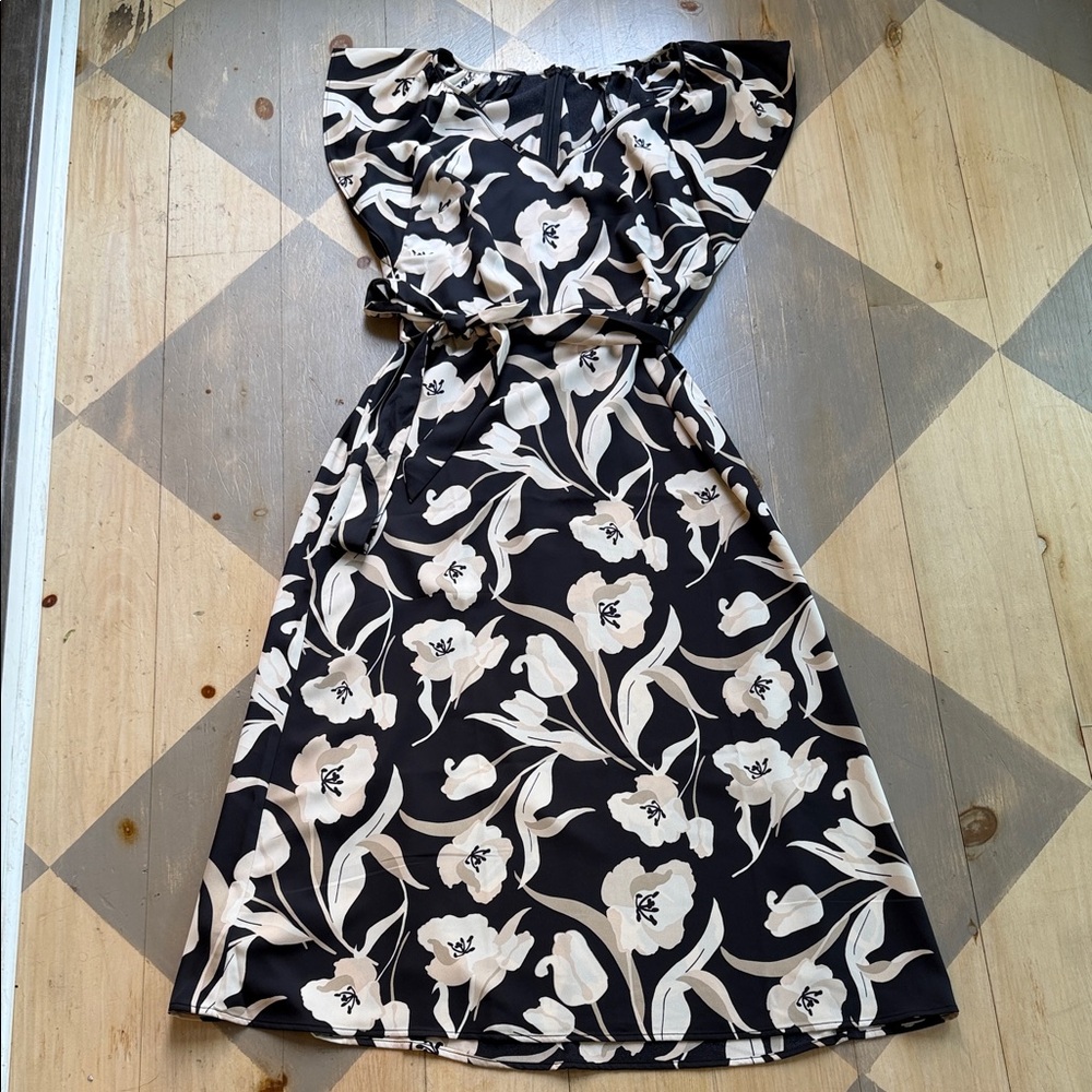 LOFT Black Floral Midi Dress with Cream Blooms